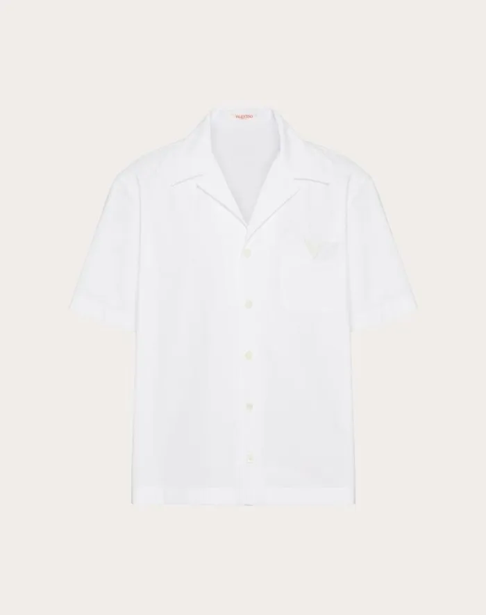 Valentino Shirts Man Cotton Poplin Bowling Shirt With Rubberized V Detail For Man In White White