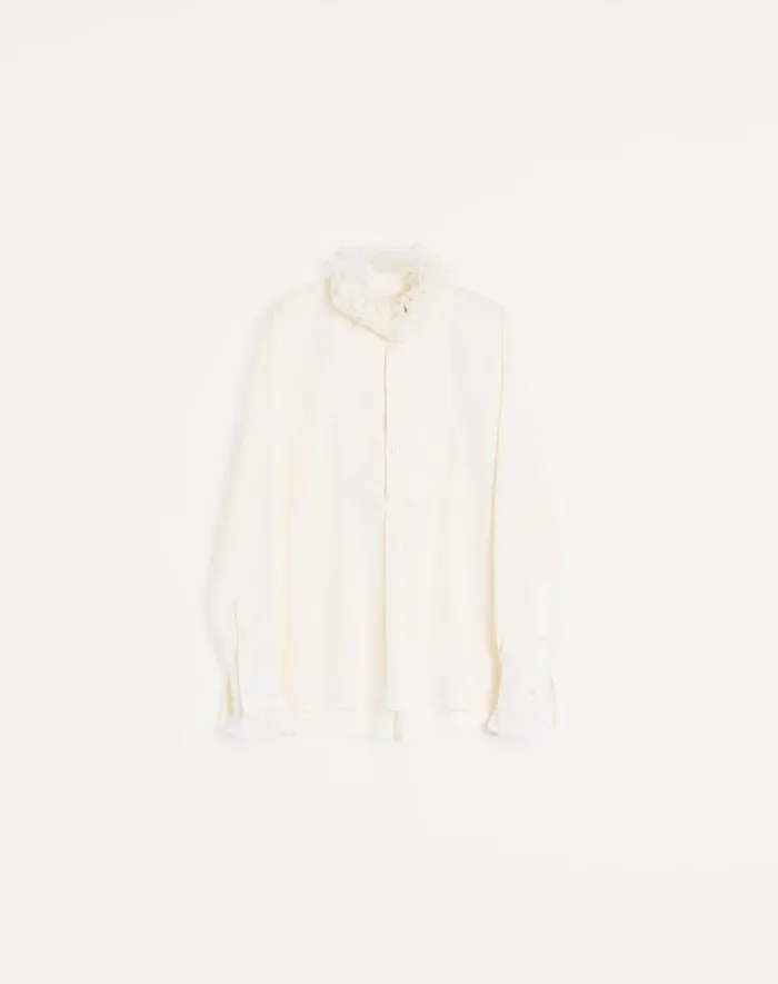 Valentino Shirts Man Cotton Shirt With Plastron And Ruffles For Man In Ivory Ivory