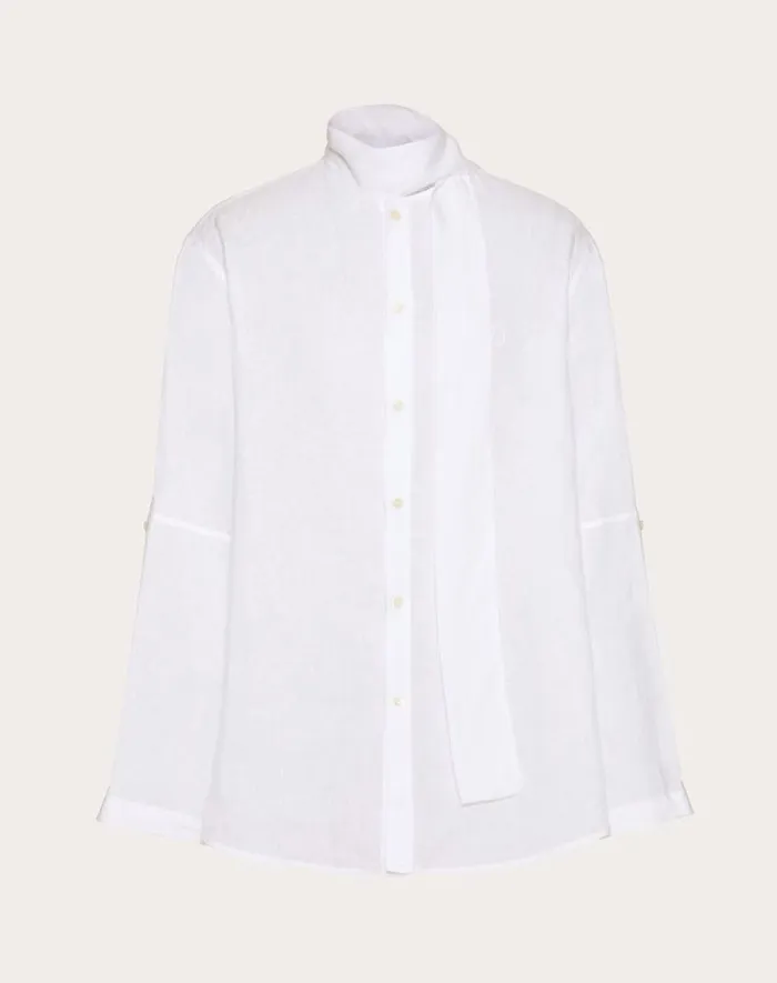 Valentino Shirts Man Linen Shirt With Scarf Collar And Signature Vlogo Embroidery For Man In White White