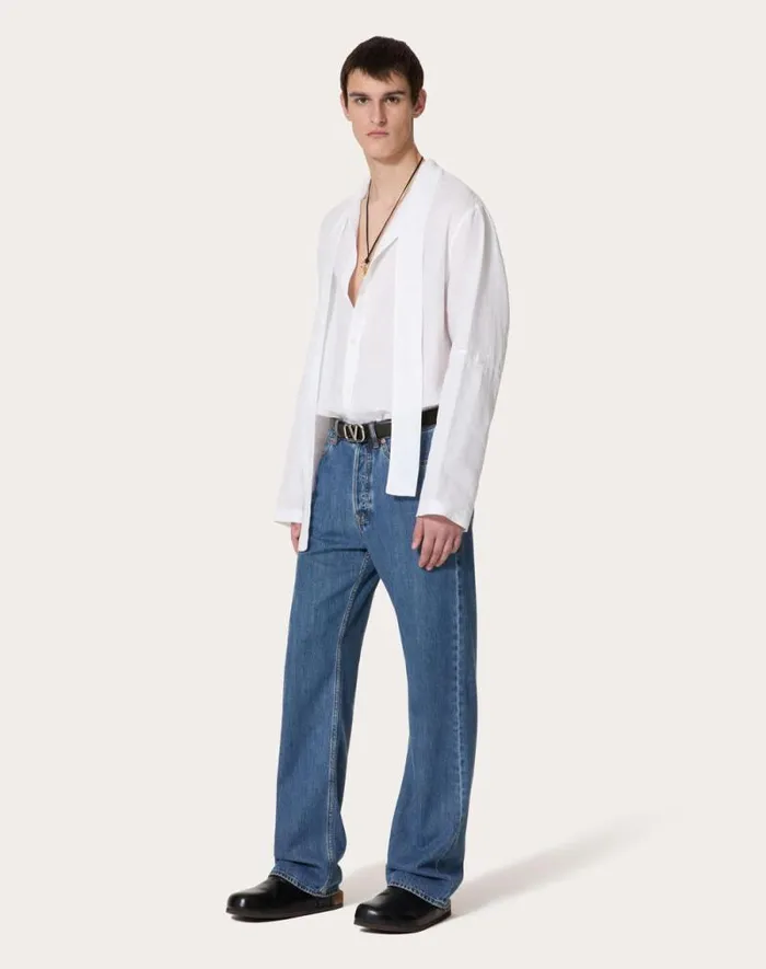 Valentino Shirts Man Linen Shirt With Scarf Collar And Signature Vlogo Embroidery For Man In White White