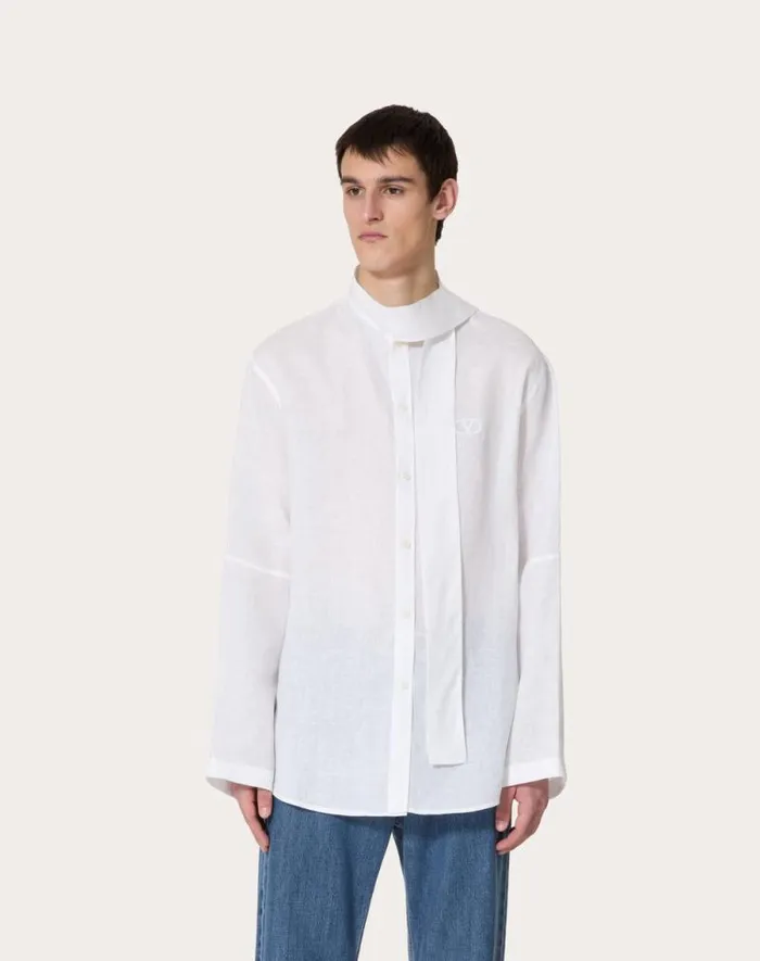 Valentino Shirts Man Linen Shirt With Scarf Collar And Signature Vlogo Embroidery For Man In White White