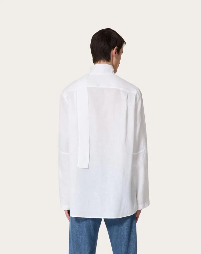Valentino Shirts Man Linen Shirt With Scarf Collar And Signature Vlogo Embroidery For Man In White White