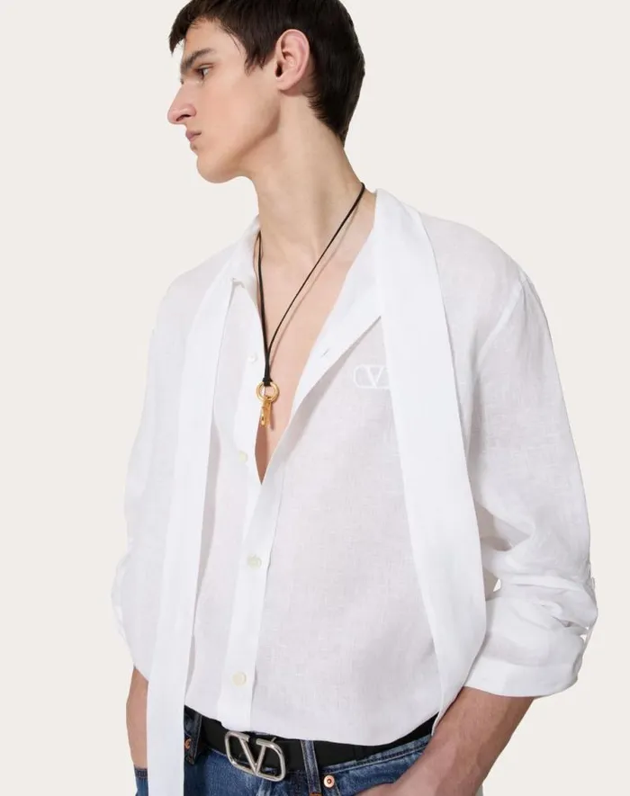 Valentino Shirts Man Linen Shirt With Scarf Collar And Signature Vlogo Embroidery For Man In White White