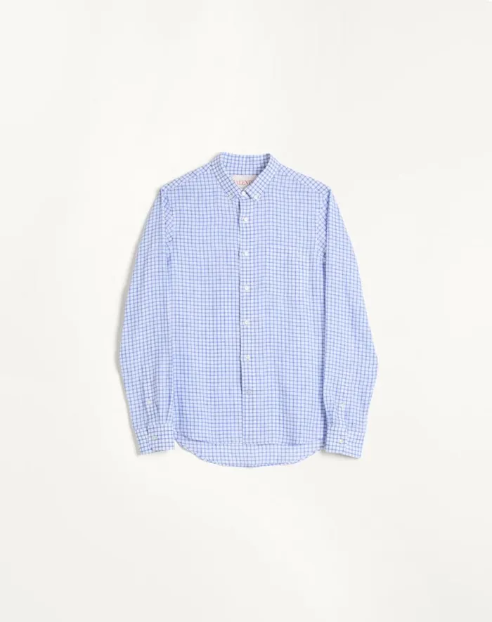Valentino Shirts Man Linen Shirt With Vlogo Embroidery For Man In Whitelight Blue Whitelight Blue