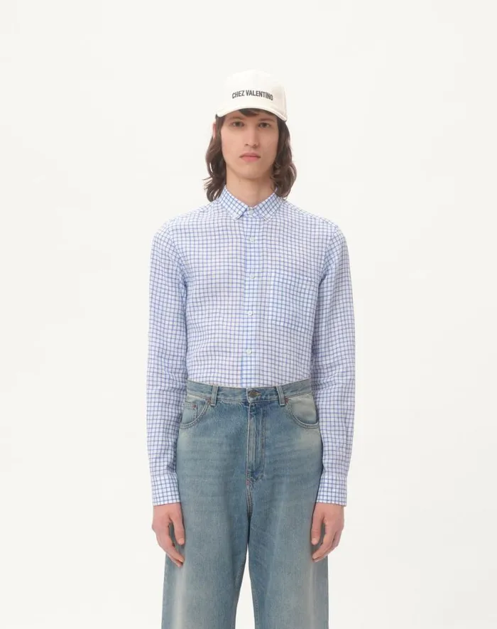 Valentino Shirts Man Linen Shirt With Vlogo Embroidery For Man In Whitelight Blue Whitelight Blue