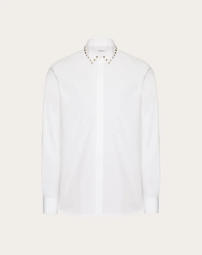 Valentino Shirts Man Long Sleeve Cotton Shirt With Black Untitled Studs On Collar For Man In White White