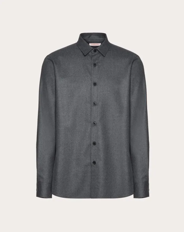 Valentino Shirts Man Long Sleeve Flannel Shirt With Vlogo Signature Embroidery For Man In Grey Grey
