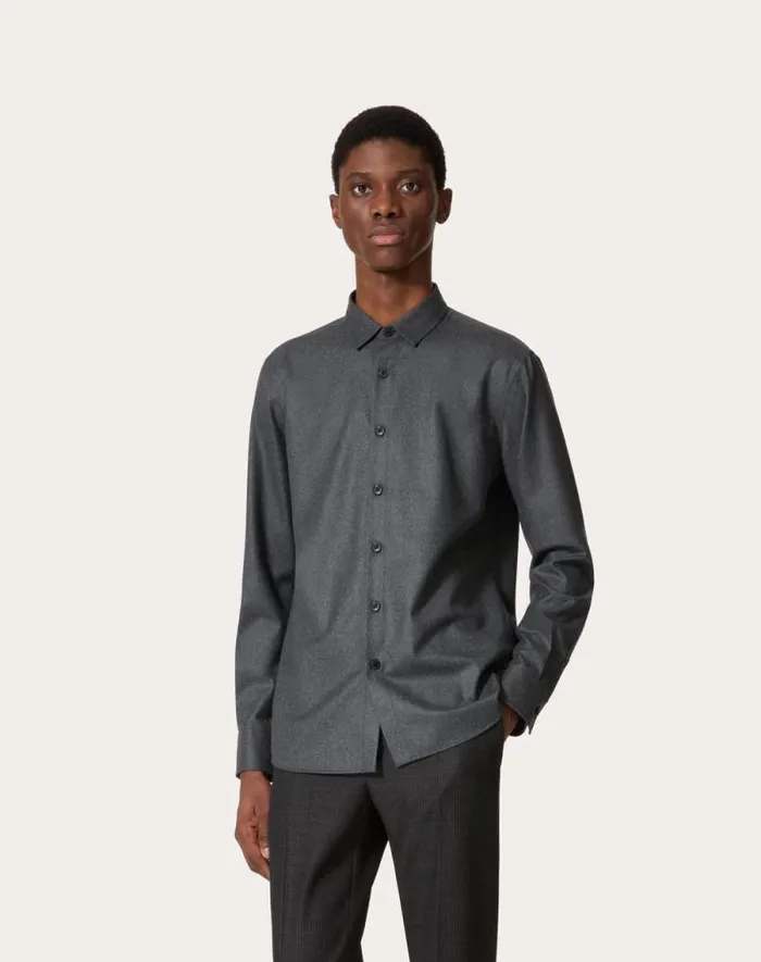 Valentino Shirts Man Long Sleeve Flannel Shirt With Vlogo Signature Embroidery For Man In Grey Grey Valentino Shirts Man Long Sleeve Flannel Shirt With Vlogo Signature Embroidery For Man In Grey Grey