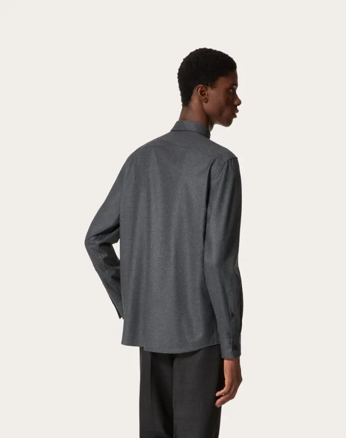 Valentino Shirts Man Long Sleeve Flannel Shirt With Vlogo Signature Embroidery For Man In Grey Grey Valentino Shirts Man Long Sleeve Flannel Shirt With Vlogo Signature Embroidery For Man In Grey Grey