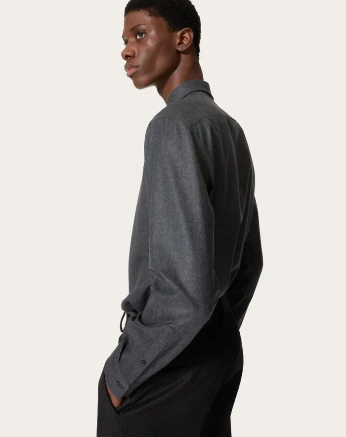 Valentino Shirts Man Long Sleeve Flannel Shirt With Vlogo Signature Embroidery For Man In Grey Grey Valentino Shirts Man Long Sleeve Flannel Shirt With Vlogo Signature Embroidery For Man In Grey Grey