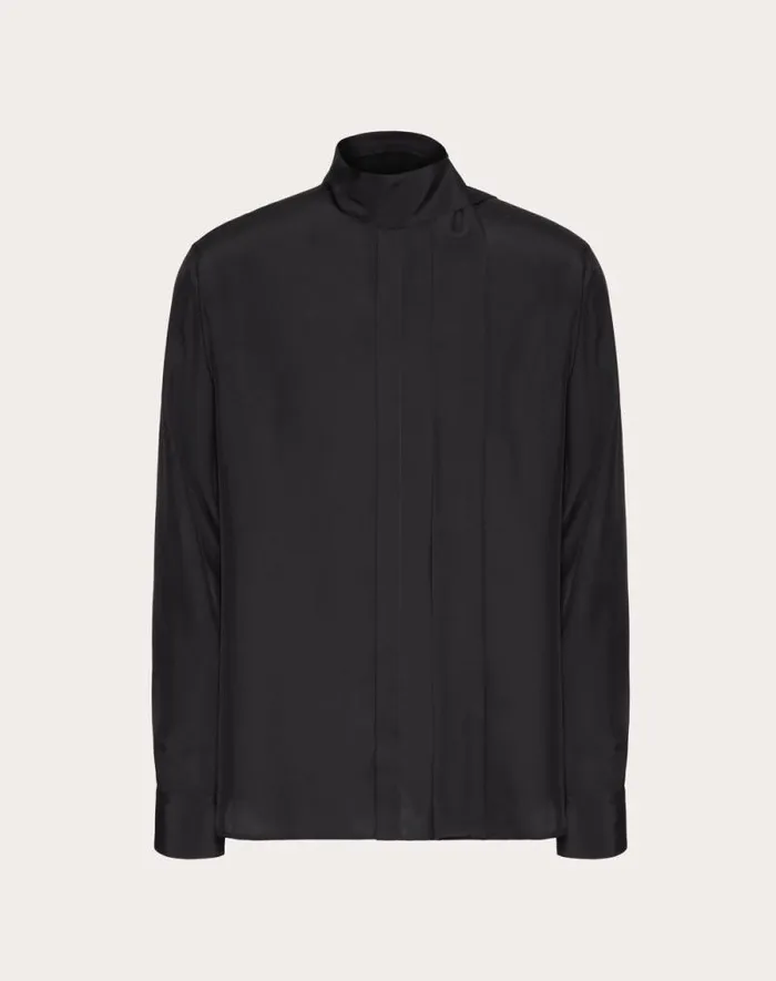 Valentino Shirts Man Silk Shirt With Scarf Detail At Neck For Man In Black Black