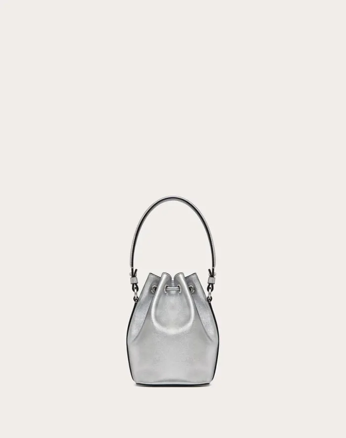 Valentino Shoulder Bags Woman Mini Vlogo Signature Bucket Bag In Metallic Nappa Leather For Woman In Silver Silver Valentino Shoulder Bags Woman Mini Vlogo Signature Bucket Bag In Metallic Nappa Leather For Woman In Silver Silver