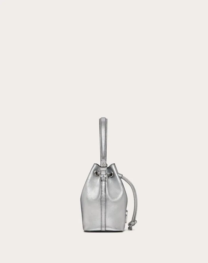 Valentino Shoulder Bags Woman Mini Vlogo Signature Bucket Bag In Metallic Nappa Leather For Woman In Silver Silver Valentino Shoulder Bags Woman Mini Vlogo Signature Bucket Bag In Metallic Nappa Leather For Woman In Silver Silver