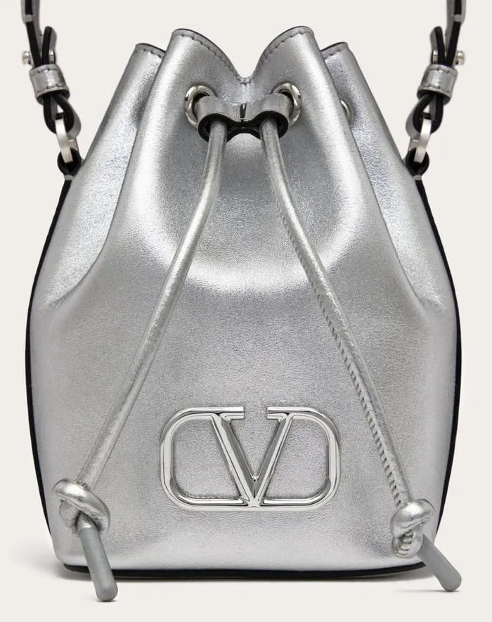 Valentino Shoulder Bags Woman Mini Vlogo Signature Bucket Bag In Metallic Nappa Leather For Woman In Silver Silver Valentino Shoulder Bags Woman Mini Vlogo Signature Bucket Bag In Metallic Nappa Leather For Woman In Silver Silver