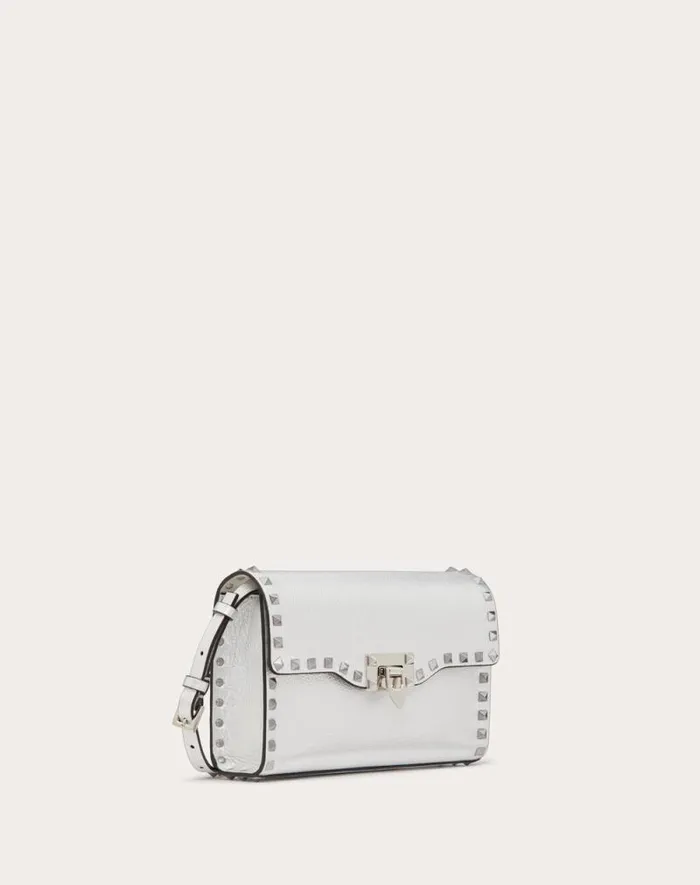 Valentino Shoulder Bags Woman Small Rockstud Grainy Metallic Calfskin Crossbody Bag For Woman In Silver Silver