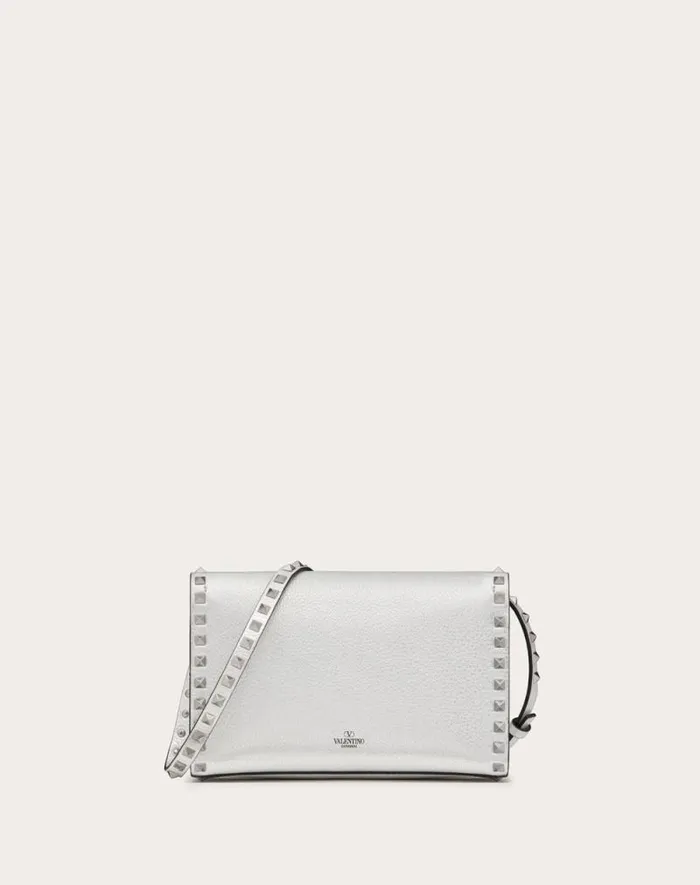 Valentino Shoulder Bags Woman Small Rockstud Grainy Metallic Calfskin Crossbody Bag For Woman In Silver Silver