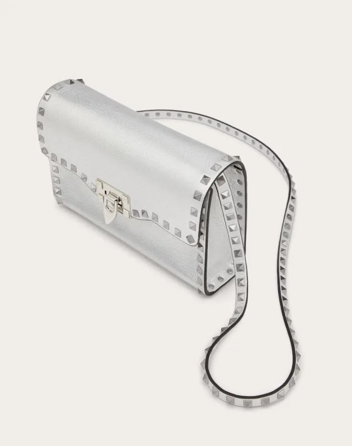 Valentino Shoulder Bags Woman Small Rockstud Grainy Metallic Calfskin Crossbody Bag For Woman In Silver Silver