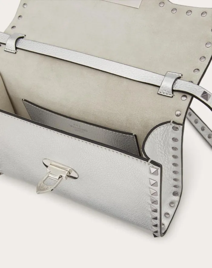 Valentino Shoulder Bags Woman Small Rockstud Grainy Metallic Calfskin Crossbody Bag For Woman In Silver Silver