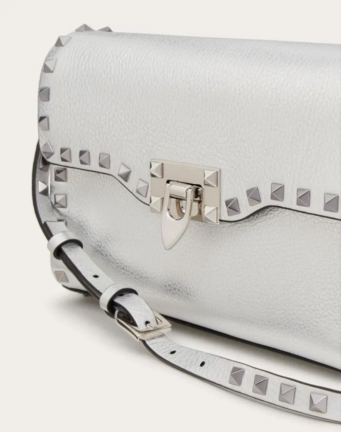 Valentino Shoulder Bags Woman Small Rockstud Grainy Metallic Calfskin Crossbody Bag For Woman In Silver Silver