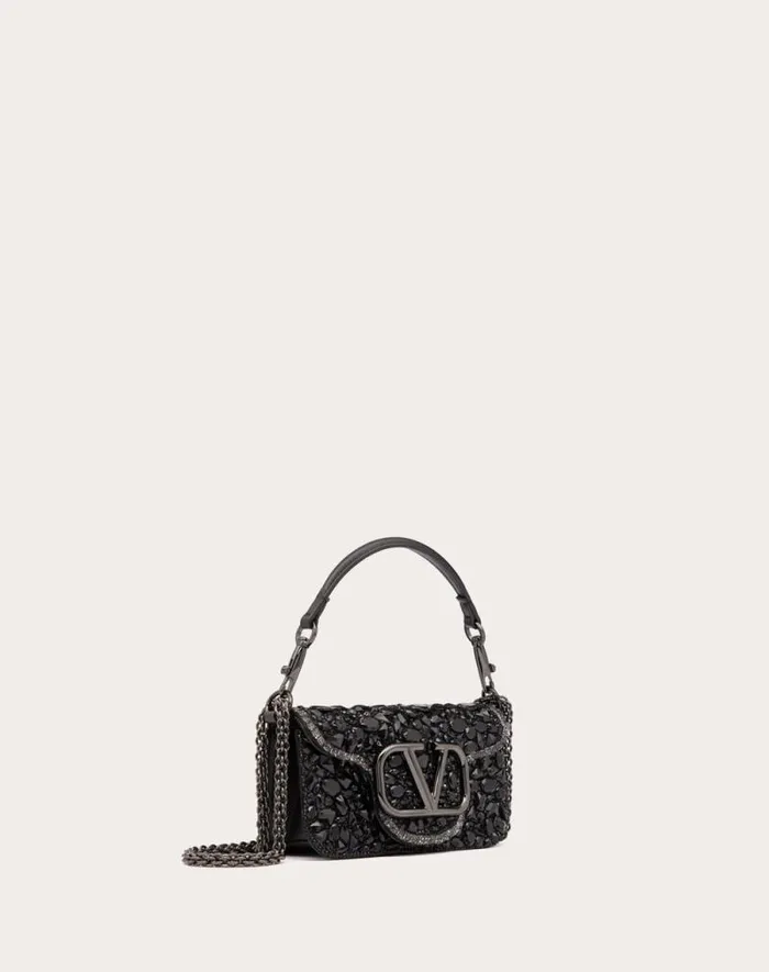 Valentino Shoulder Bags Woman Small Valentino Garavani Loc Shoulder Bag With Crystals For Woman In Black Black Valentino Shoulder Bags Woman Small Valentino Garavani Loc Shoulder Bag With Crystals For Woman In Black Black