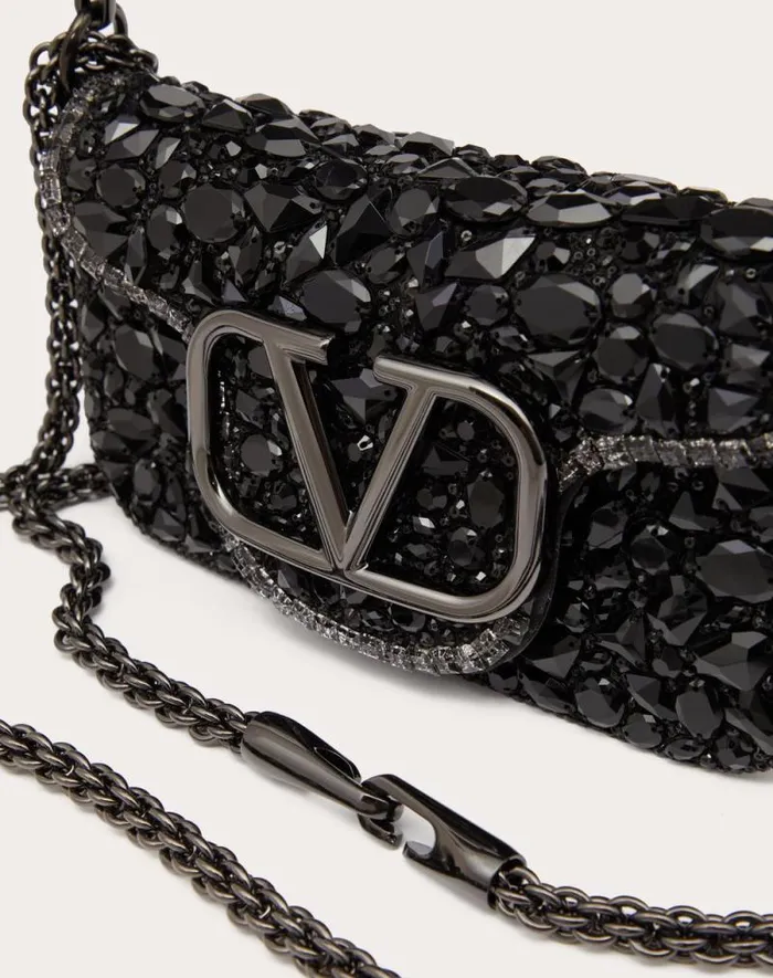 Valentino Shoulder Bags Woman Small Valentino Garavani Loc Shoulder Bag With Crystals For Woman In Black Black Valentino Shoulder Bags Woman Small Valentino Garavani Loc Shoulder Bag With Crystals For Woman In Black Black
