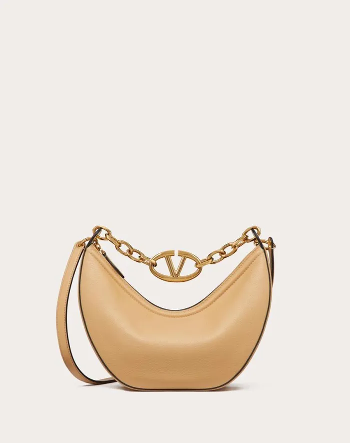 Valentino Shoulder Bags Woman Small Vlogo Moon Hobo Bag In Grainy Calfskin With Chain For Woman In Porcelain Blue Porcelain Blue