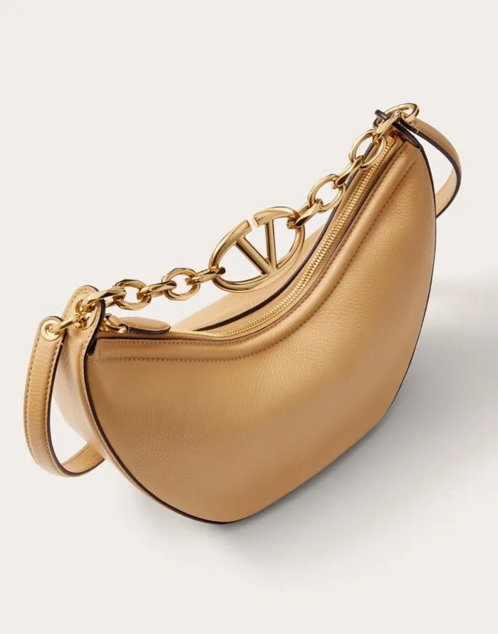 Valentino Shoulder Bags Woman Small Vlogo Moon Hobo Bag In Grainy Calfskin With Chain For Woman In Porcelain Blue Porcelain Blue