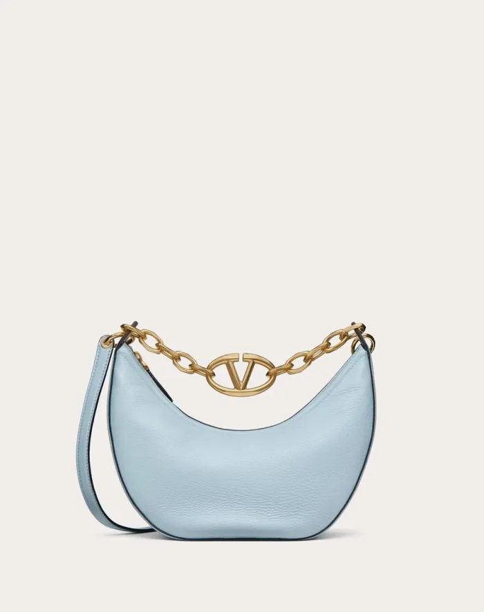 Valentino Shoulder Bags Woman Small Vlogo Moon Hobo Bag In Grainy Calfskin With Chain For Woman In Porcelain Blue Porcelain Blue