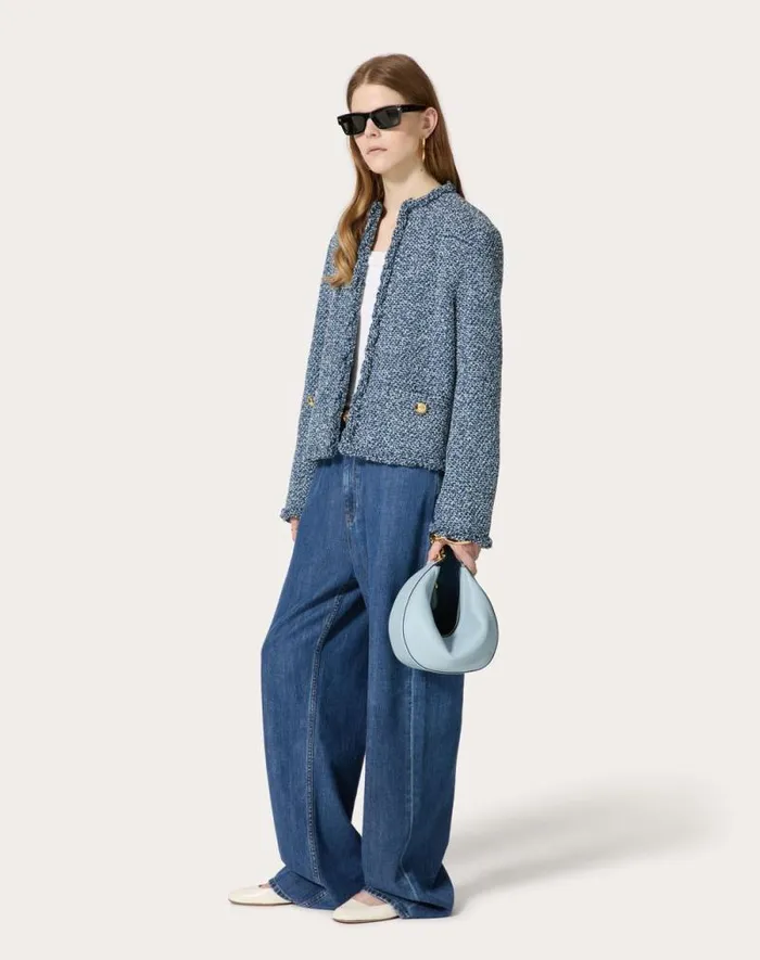 Valentino Shoulder Bags Woman Small Vlogo Moon Hobo Bag In Grainy Calfskin With Chain For Woman In Porcelain Blue Porcelain Blue
