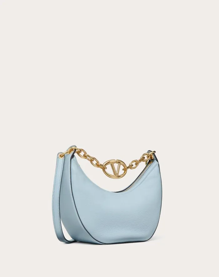Valentino Shoulder Bags Woman Small Vlogo Moon Hobo Bag In Grainy Calfskin With Chain For Woman In Porcelain Blue Porcelain Blue
