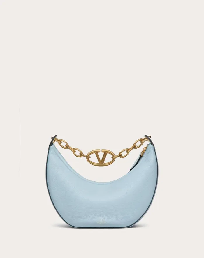 Valentino Shoulder Bags Woman Small Vlogo Moon Hobo Bag In Grainy Calfskin With Chain For Woman In Porcelain Blue Porcelain Blue