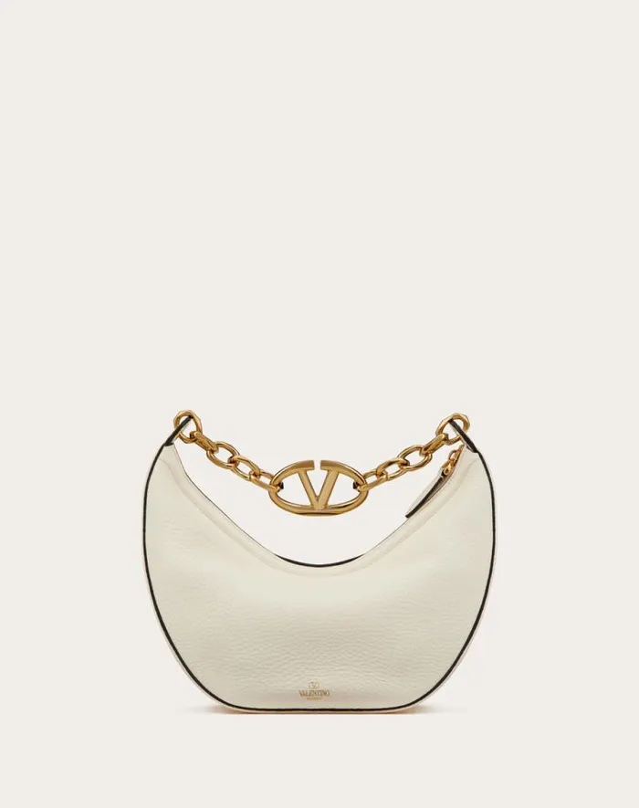 Valentino Shoulder Bags Woman Small Vlogo Moon Hobo Bag In Grainy Calfskin With Chain For Woman In Porcelain Blue Porcelain Blue