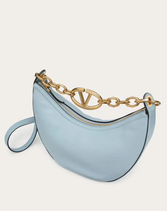 Valentino Shoulder Bags Woman Small Vlogo Moon Hobo Bag In Grainy Calfskin With Chain For Woman In Porcelain Blue Porcelain Blue