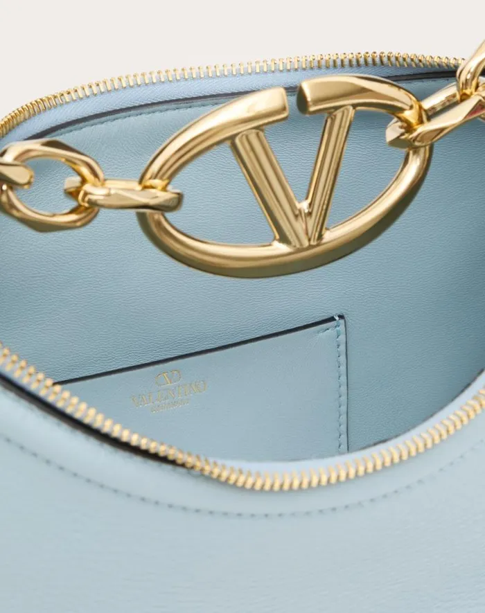 Valentino Shoulder Bags Woman Small Vlogo Moon Hobo Bag In Grainy Calfskin With Chain For Woman In Porcelain Blue Porcelain Blue