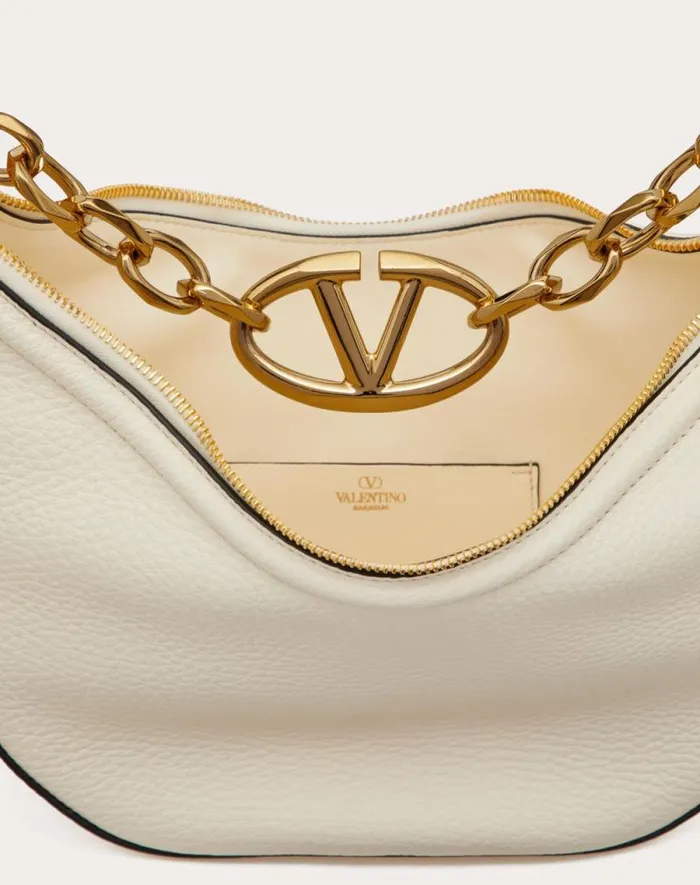 Valentino Shoulder Bags Woman Small Vlogo Moon Hobo Bag In Grainy Calfskin With Chain For Woman In Porcelain Blue Porcelain Blue