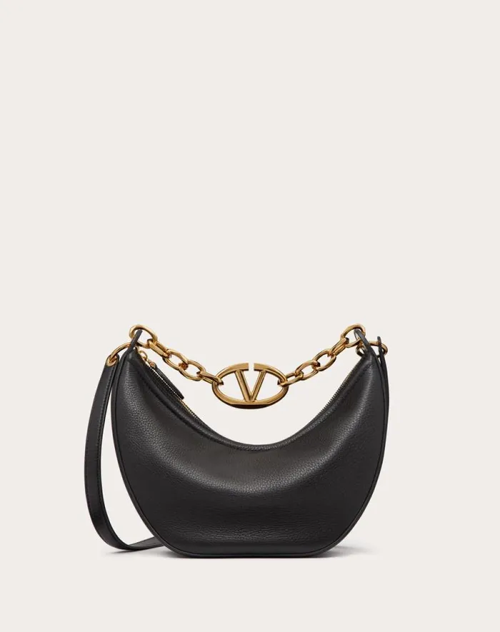 Valentino Shoulder Bags Woman Small Vlogo Moon Hobo Bag In Grainy Calfskin With Chain For Woman In Porcelain Blue Porcelain Blue
