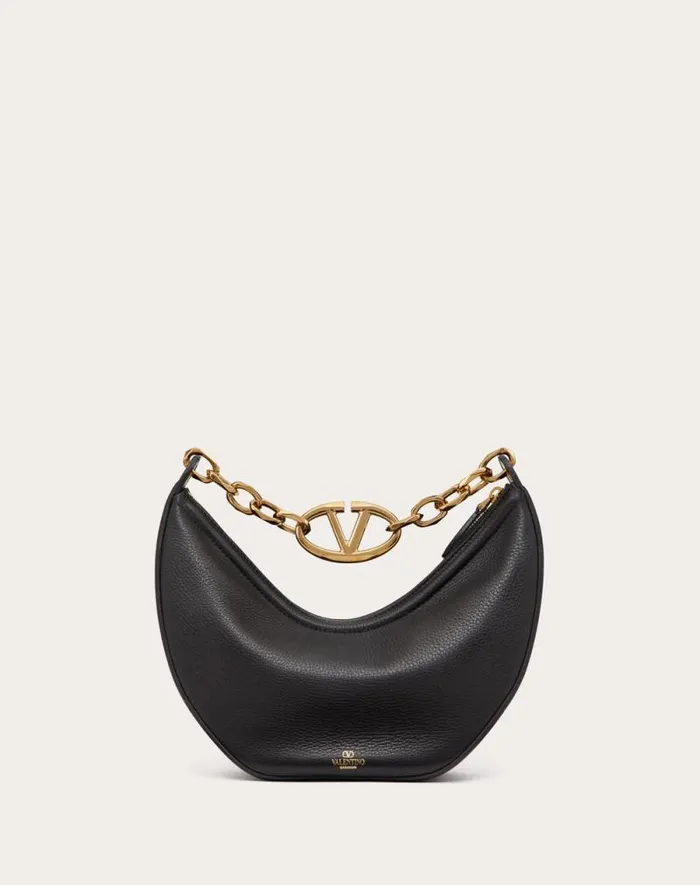 Valentino Shoulder Bags Woman Small Vlogo Moon Hobo Bag In Grainy Calfskin With Chain For Woman In Porcelain Blue Porcelain Blue