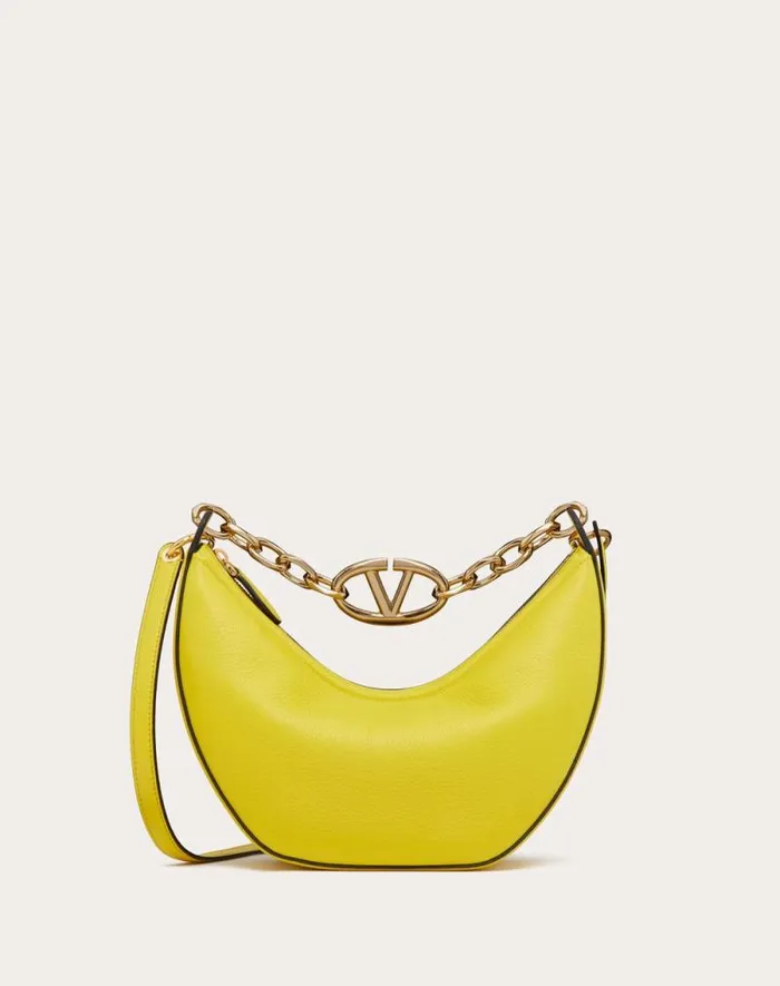 Valentino Shoulder Bags Woman Small Vlogo Moon Hobo Bag In Grainy Calfskin With Chain For Woman In Porcelain Blue Porcelain Blue