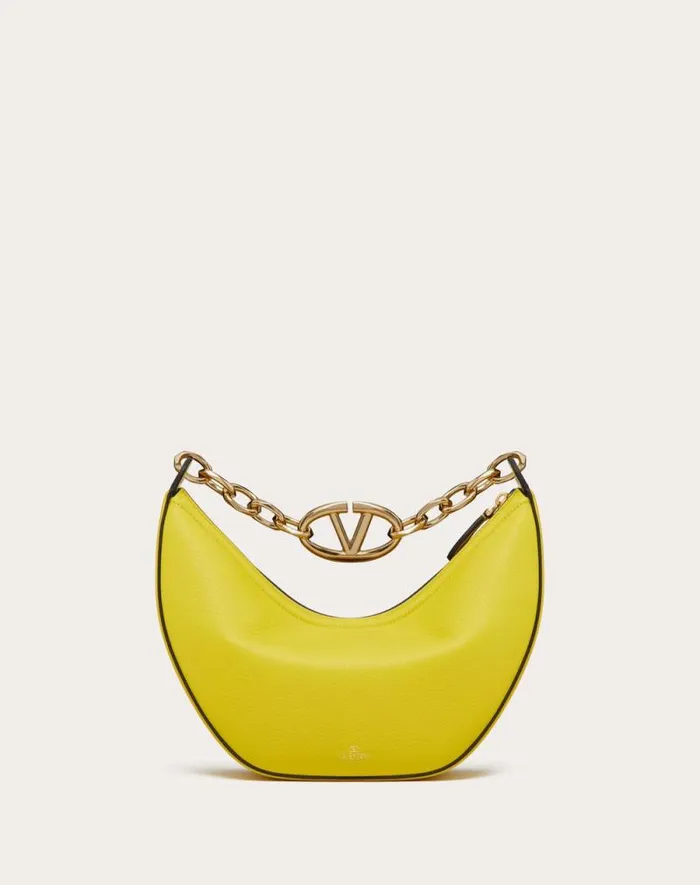 Valentino Shoulder Bags Woman Small Vlogo Moon Hobo Bag In Grainy Calfskin With Chain For Woman In Porcelain Blue Porcelain Blue