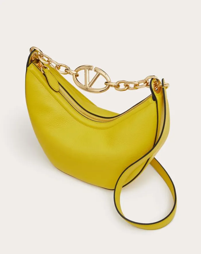 Valentino Shoulder Bags Woman Small Vlogo Moon Hobo Bag In Grainy Calfskin With Chain For Woman In Porcelain Blue Porcelain Blue