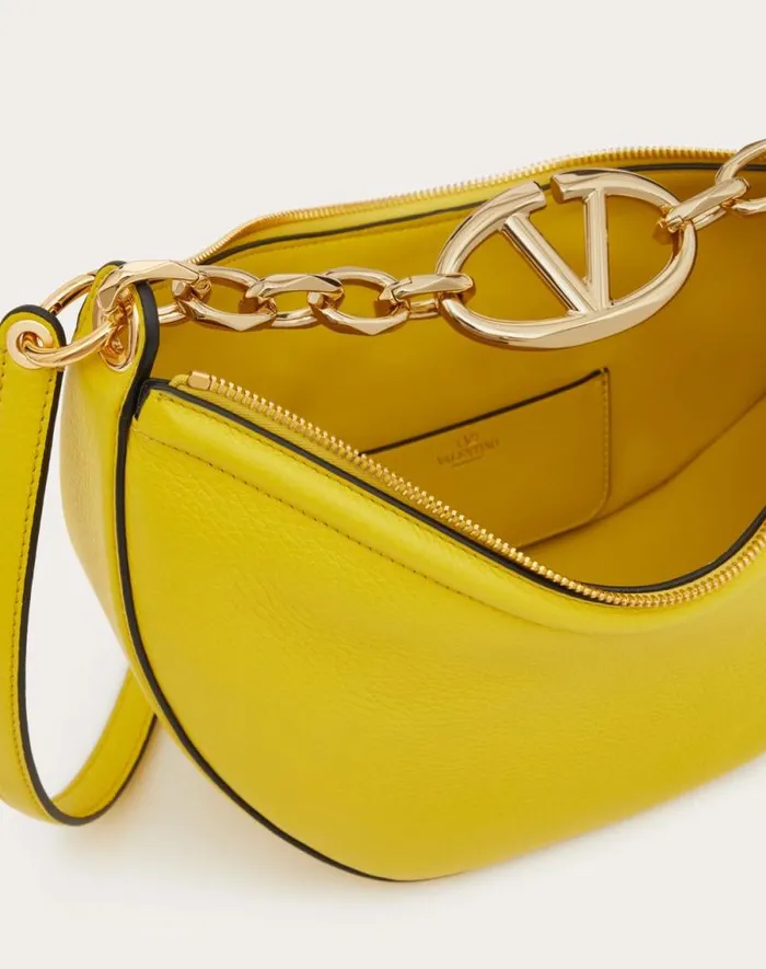 Valentino Shoulder Bags Woman Small Vlogo Moon Hobo Bag In Grainy Calfskin With Chain For Woman In Porcelain Blue Porcelain Blue