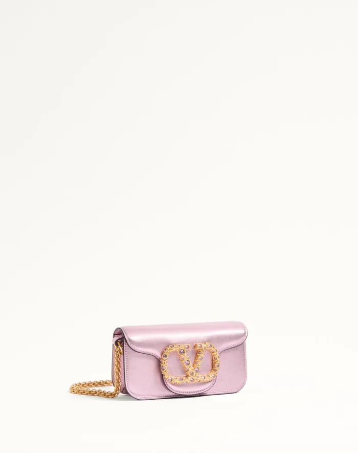 Valentino Shoulder Bags Woman Valentino Garavani Loc Small Shoulder Bag In Laminated Calfskin With Jewel Logo For Woman In Rose Violet Rose Violet Valentino Shoulder Bags Woman Valentino Garavani Loc Small Shoulder Bag In Laminated Calfskin With Jewel Logo For Woman In Rose Violet Rose Violet