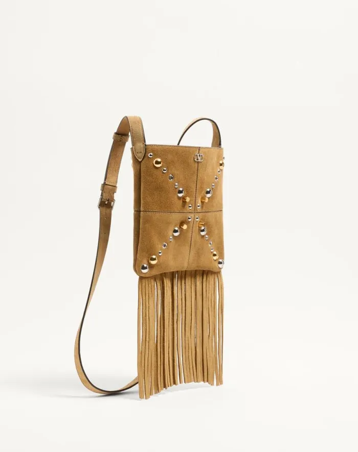 Valentino Shoulder Bags Woman Valentino Garavani Nellcte Small Shoulder Bag In Suede With Fringes For Woman In Havana Beige Havana Beige
