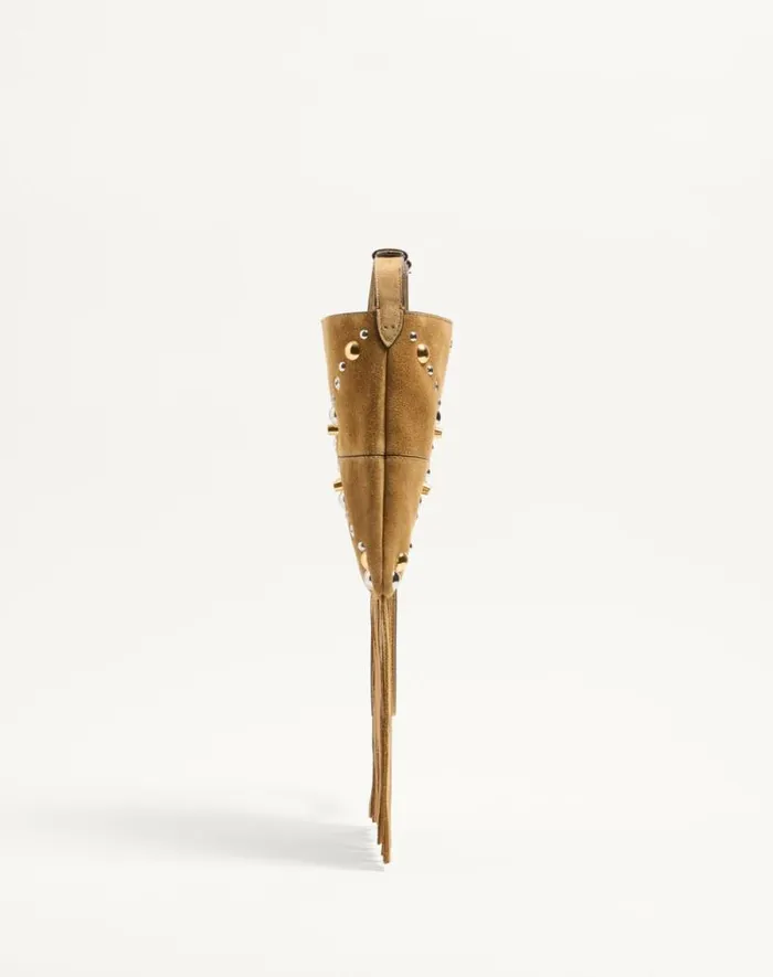 Valentino Shoulder Bags Woman Valentino Garavani Nellcte Small Shoulder Bag In Suede With Fringes For Woman In Havana Beige Havana Beige
