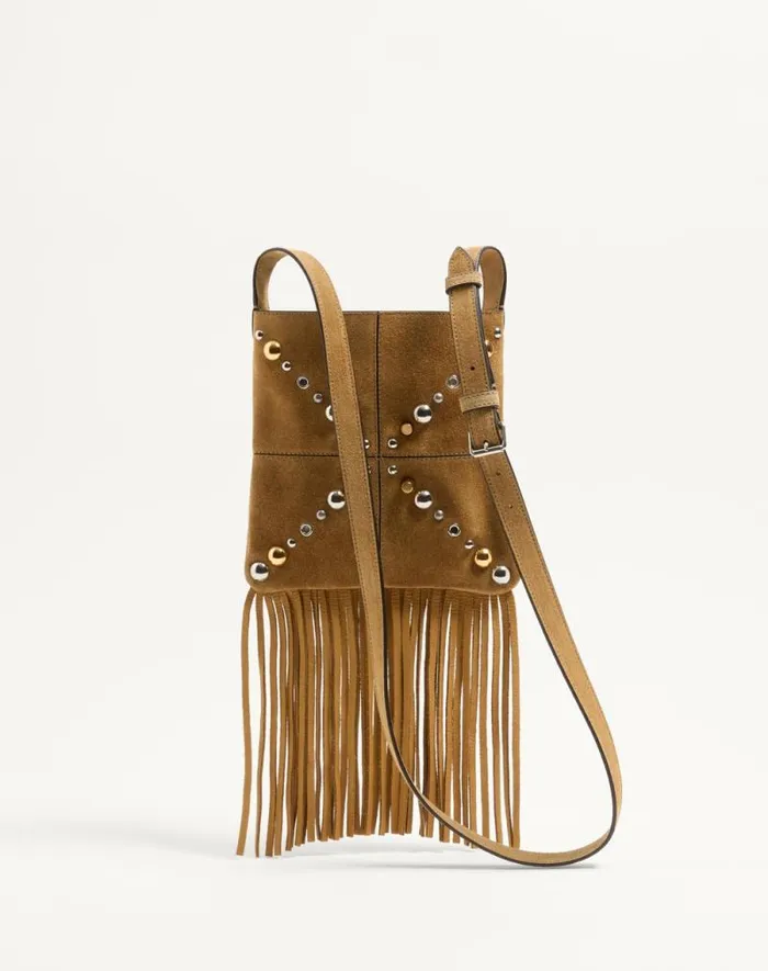 Valentino Shoulder Bags Woman Valentino Garavani Nellcte Small Shoulder Bag In Suede With Fringes For Woman In Havana Beige Havana Beige