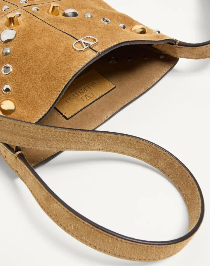 Valentino Shoulder Bags Woman Valentino Garavani Nellcte Small Shoulder Bag In Suede With Fringes For Woman In Havana Beige Havana Beige