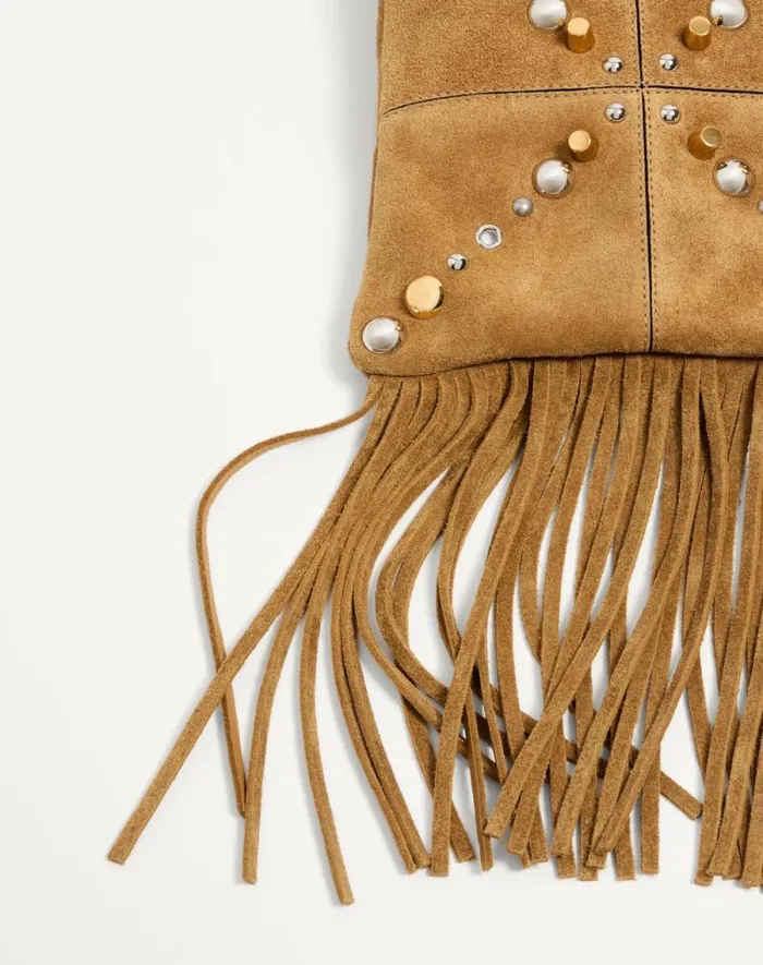 Valentino Shoulder Bags Woman Valentino Garavani Nellcte Small Shoulder Bag In Suede With Fringes For Woman In Havana Beige Havana Beige