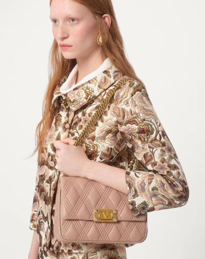 Valentino Shoulder Bags Woman Valentino Garavani Quiltie 67 Medium Shoulder Bag In Quilted Nappa Leather For Woman In Rose Cannelle Rose Cannelle