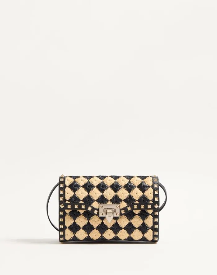 Valentino Shoulder Bags Woman Valentino Garavani Rockstud Small Shoulder Bag In Embroidered Synthetic Raffia For Woman In Naturalblack Naturalblack Valentino Shoulder Bags Woman Valentino Garavani Rockstud Small Shoulder Bag In Embroidered Synthetic Raffia For Woman In Naturalblack Naturalblack