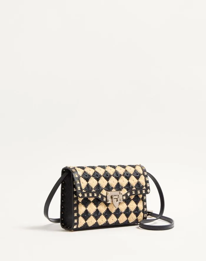 Valentino Shoulder Bags Woman Valentino Garavani Rockstud Small Shoulder Bag In Embroidered Synthetic Raffia For Woman In Naturalblack Naturalblack